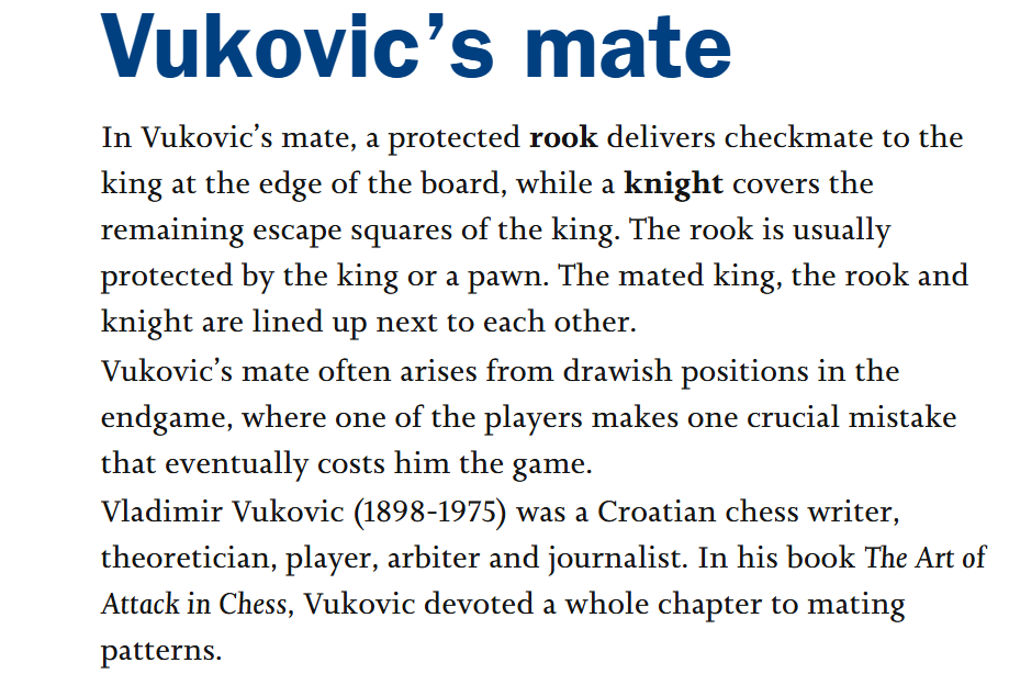 The Checkmate Patterns Manual, Mesotten, 2022; Explanation of Vuković’s mate at the beginning of the chapter