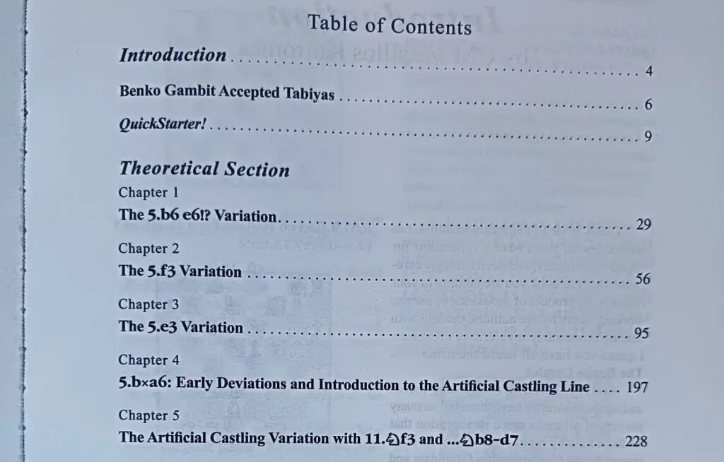 Table of contents in the Benko Bible, chess book review