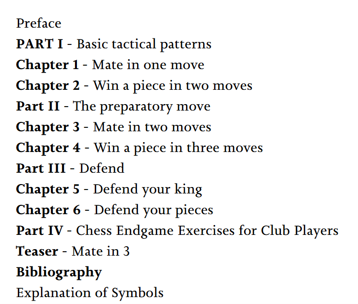 Table of contents in 1001 Chess Endgame Exercises for Beginners.