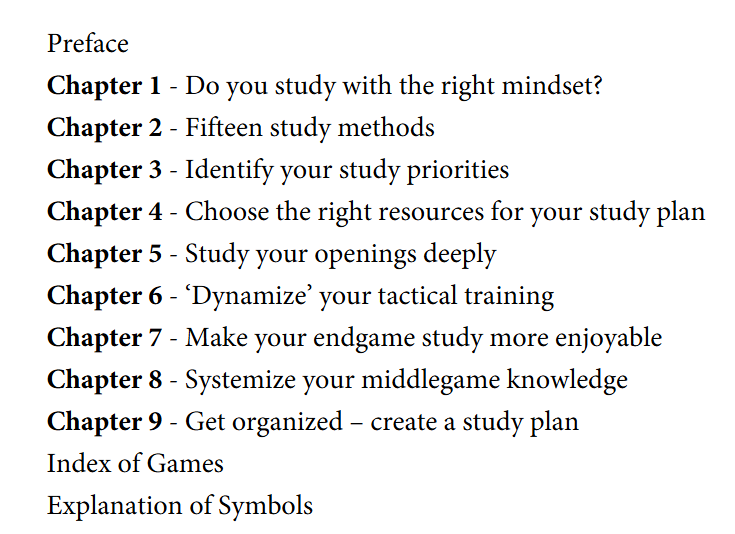 Table of contents in How to Study Chess on Your Own by Davorin Kuljasevic.