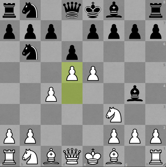 Picture of the The Vitolins Gambit with 6.d5! in the Modern Alekhine defense that occurs after 1. e4 Nf6 2. e5 Nd5 3. d4 d6 4. Nf3 Bg4 5. c4 Nb6 6. D5, The  Livonian Knight