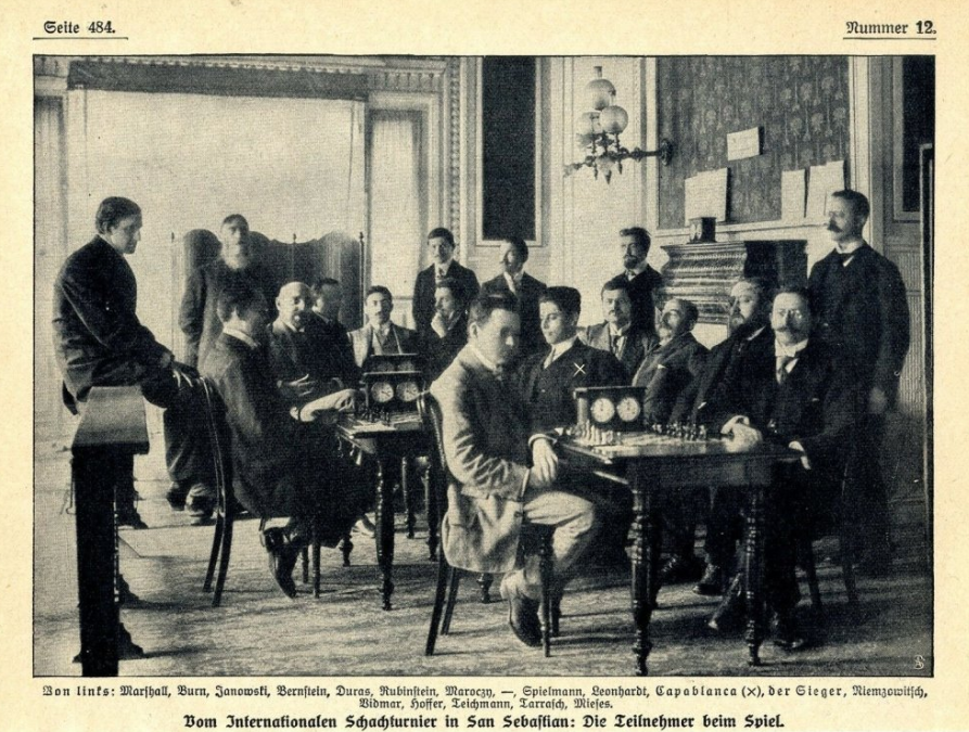 Group photo of the players published in Mieses’ original tournament book, Internationales Schachturnier zu San Sebastian 1911, Vollständige Sammlung der im Meisterturnier gespielten Partien mit zahlreich, Wedekind & Co. 1911