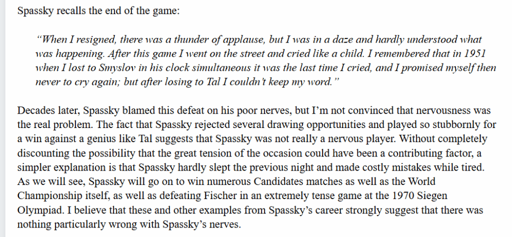 Boris Spassky recalling his 1958 loss to Mikhail Tal, featured in the Chessreads chess book review of Boris Spassky’s Best Games 1.
