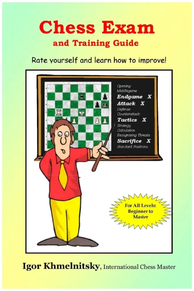 Book cover of "Chess Exam And Training Guide: Rate Yourself And Learn How To Improve" by Igor Khmelnitsky, chess book review