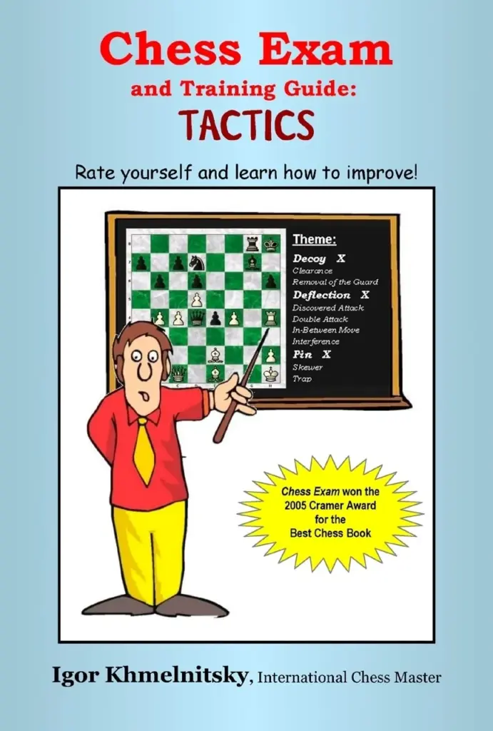 Book cover of "Chess Exam and Training Guide: Tactics" by Igor Khmelnitsky, chess book review