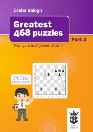 Book cover of "Greatest 468 Puzzles, Part 2, From Practical Games of 2019" by Balogh Csaba, chess book review
