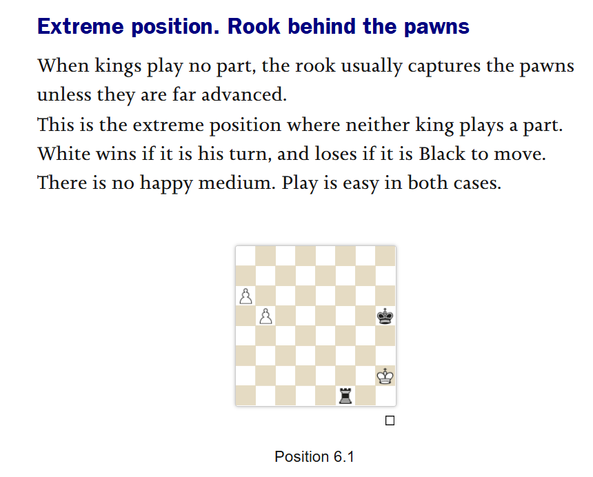 An example position from 100 Endgames You Must Know explaining how to deal with a rook behind pawns in the endgame.