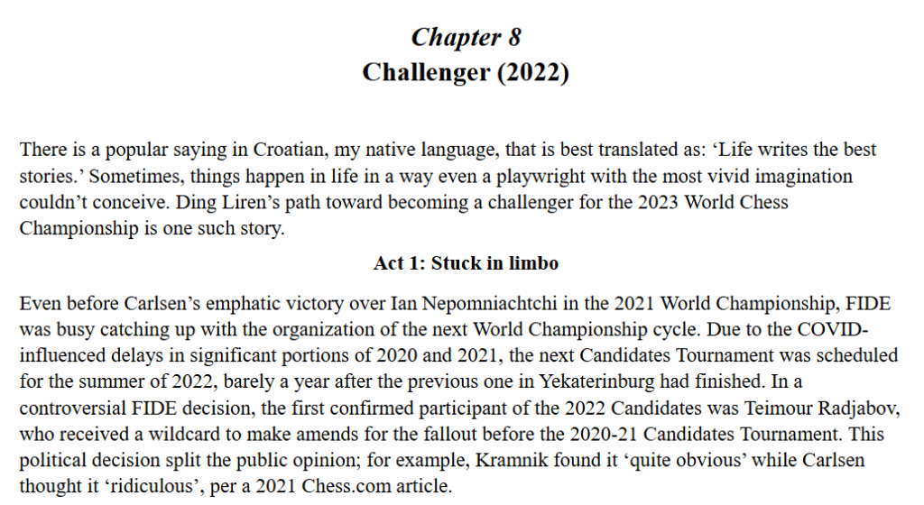 The beginning of the introduction to chapter 8 in Ding Liren’s Best Games