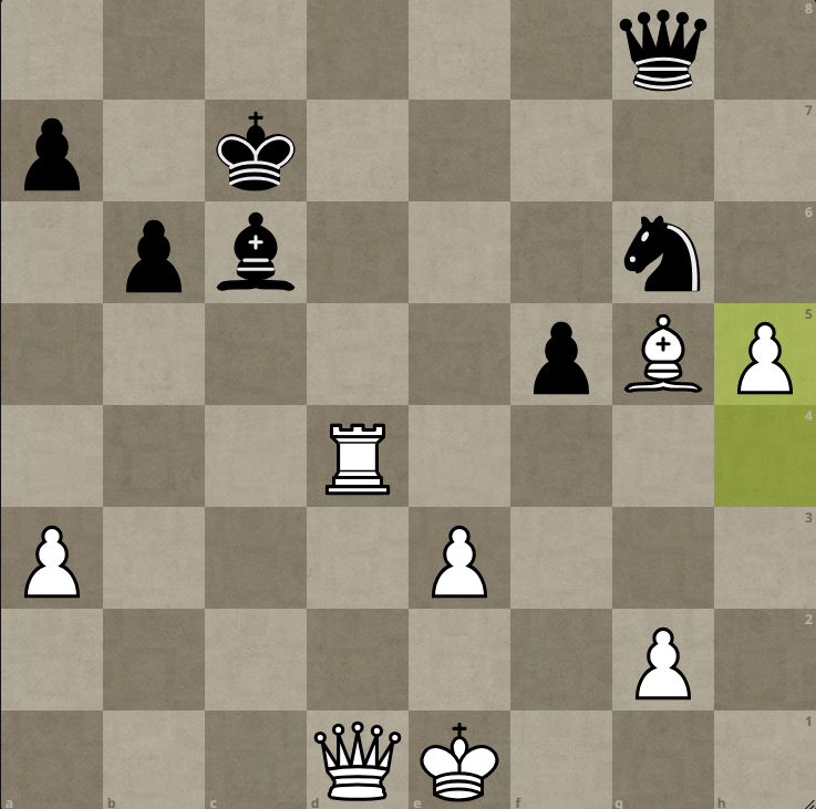 The final position from Game 1. Tal had white in the Winawer French, a defense Botvinnik wouldn’t repeat again. After the opening defeat, he switched to the Caro-Kann.