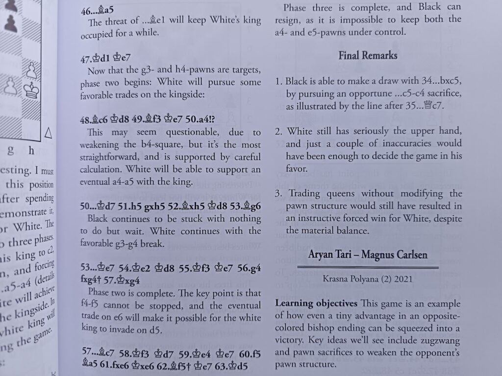 Learning objectives and final remarks accompanying each game in Chess Imbalances