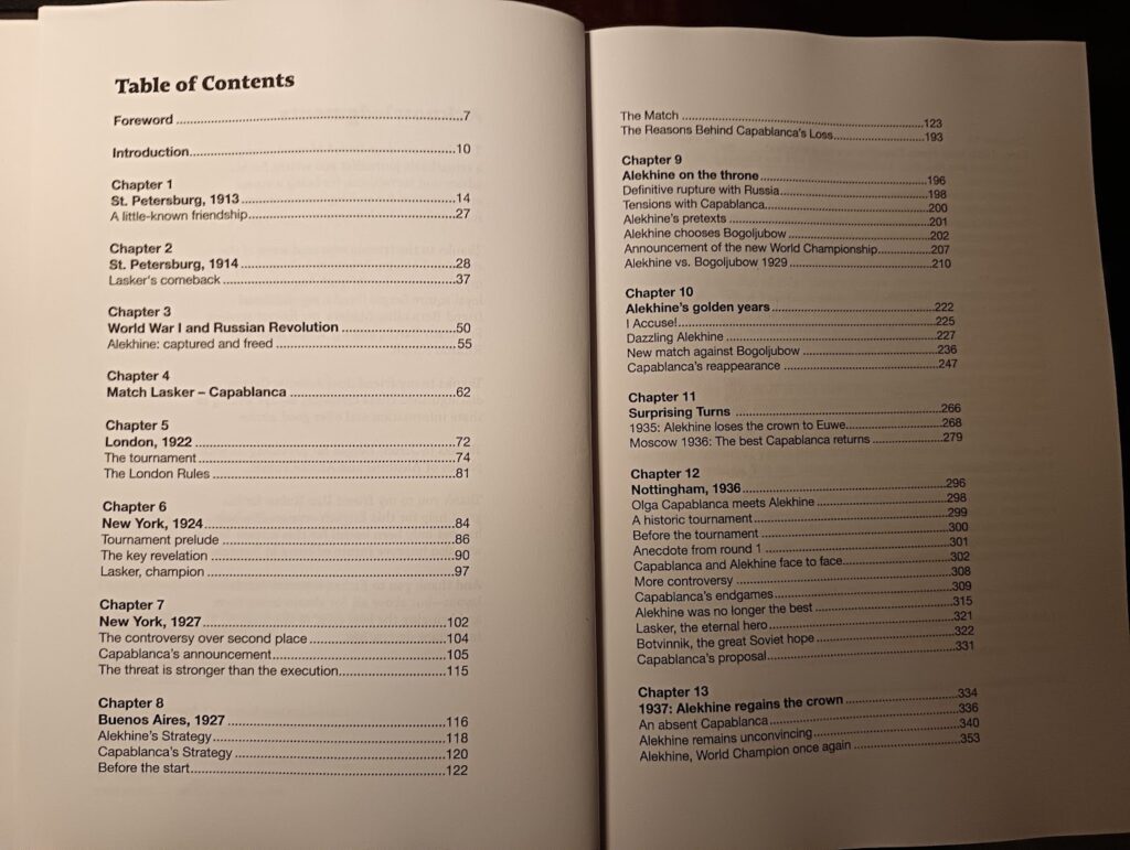 Each chapter is devoted to a significant tournament or a period in Alekhine’s or Capablanca’s lives